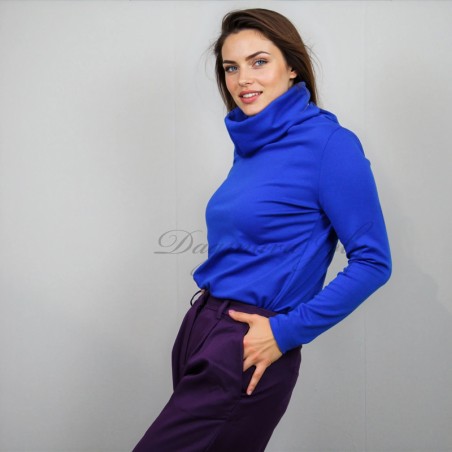 Side look on royal blue jersey turtleneck blouse