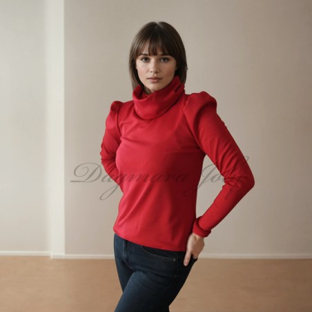 Model is wearing handmade red jersey turtleneck blouse with long puff sleeves