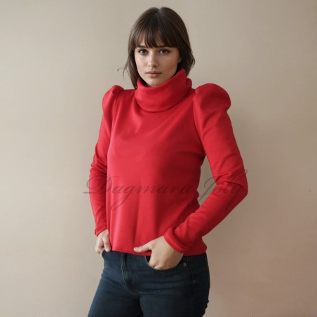 Model porte blouse col roulé à manches bouffantes faite main en France