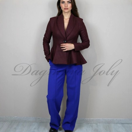 Model is wearing fit and flared burgundy shawl collar jacket, made to measure