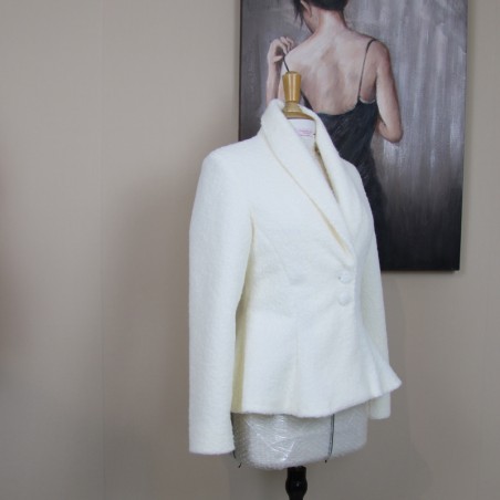 Side view of Luxury ivory wool jacket, a perfect blend of everyday wear and bridal elegance.