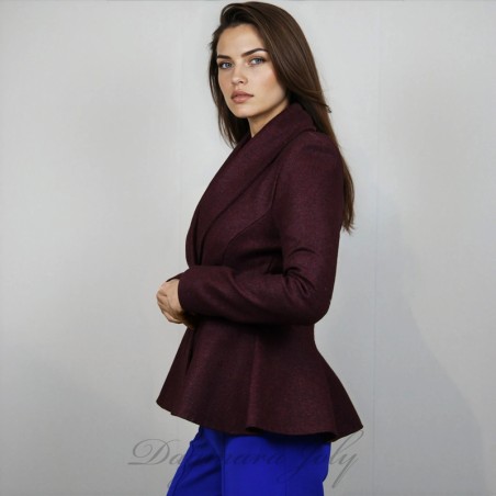 Model is wearing fit and flared burgundy shawl collar jacket made to measure