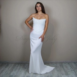 Front view of a handmade beaded corset paired with a flowing crepe train skirt, wedding two-piece set, made-to-measure