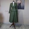 Custom women’s green tweed midi skirt suit and jacket with shawl collar and elegant fitted-flared cut