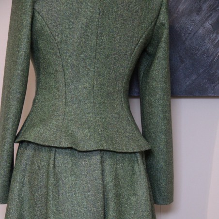 Handmade forest green tweed women’s skirt suit with shawl collar and structured fit