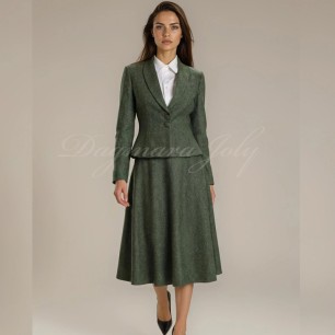 Custom women’s green tweed midi skirt suit and jacket with shawl collar and elegant fitted-flared cut