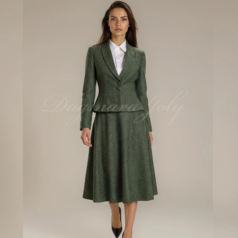 Custom women’s green tweed midi skirt suit and jacket with shawl collar and elegant fitted-flared cut