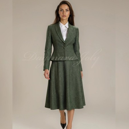 Custom women’s green tweed midi skirt suit and jacket with shawl collar and elegant fitted-flared cut