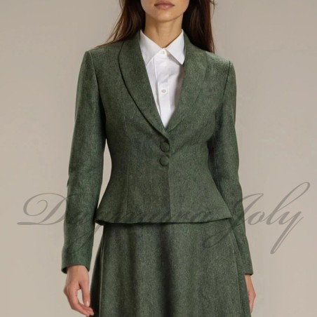 Custom forest green tweed women’s blazer with shawl collar and fitted flared silhouette