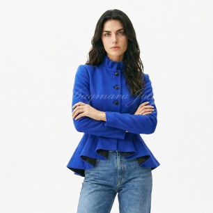 Elegant royal blue asymmetrical peplum jacket with pleated collar