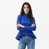 Elegant royal blue asymmetrical peplum jacket with pleated collar