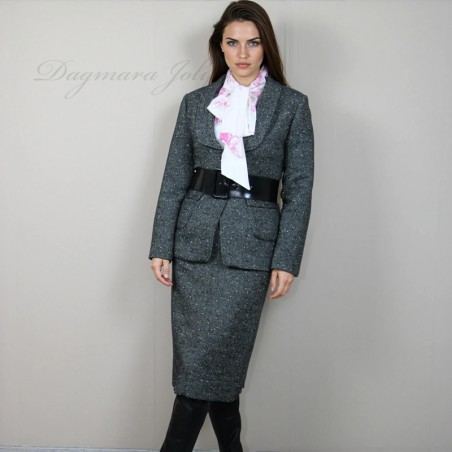 Fully lined custom fit blazer showcasing styling with shirt, belt and pencil skirt