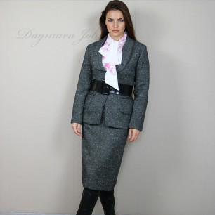 Fully lined custom fit blazer showcasing styling with shirt, belt and pencil skirt