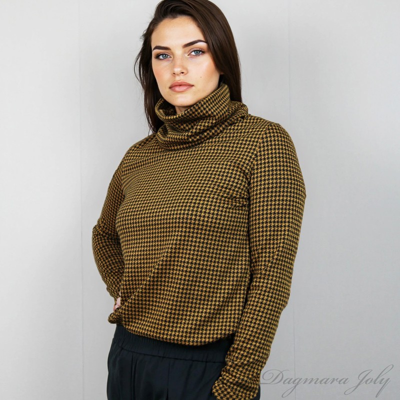 High-neck blouse with turtleneck design in black and mustard houndstooth pattern, made to order