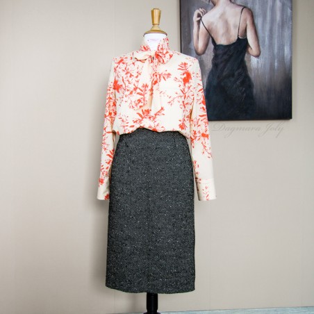 Blouse française en coton popeline avec nœud au col, imprimé floral, sur commande