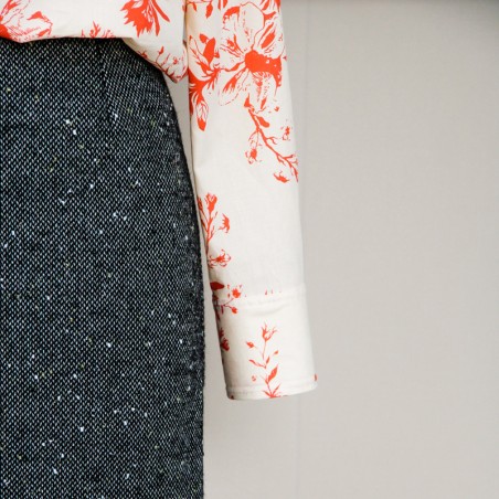 Lightweight cotton poplin blouse with neck bow, floral design, made in France