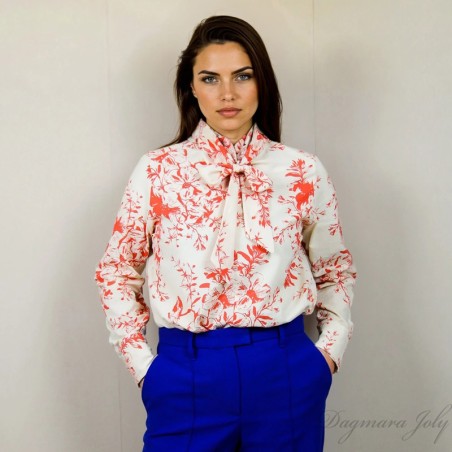 Handmade floral blouse in cotton poplin with tie neck, custom made in France