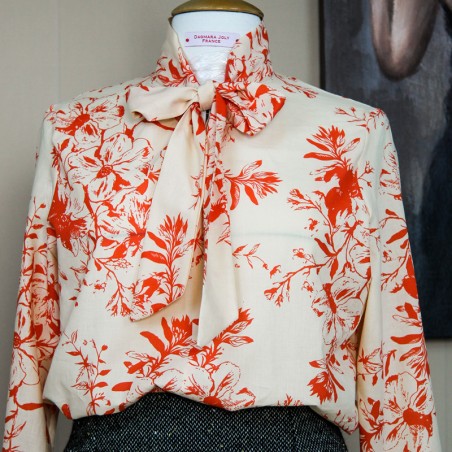 Custom-made floral blouse with tie neck in soft cotton poplin, crafted in France