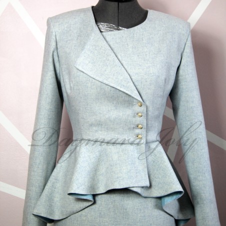 Elegant woolen office jacket with long peplum and pearl buttons