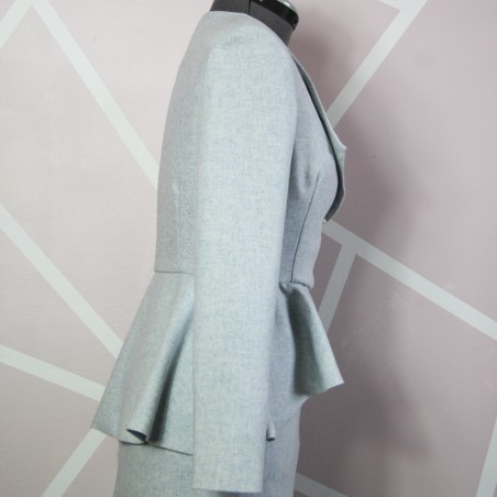 Skirt Suit Made-to-Measure in a pastel Blue Wool, Asymmetrical Peplum Blazer, Tailored Fit, Pencil Skirt
