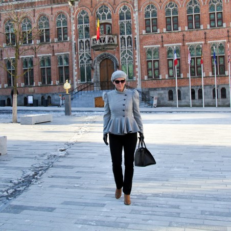 Elegant outerwear, Gray Blazer with long peplum and puff sleeves, made to measure