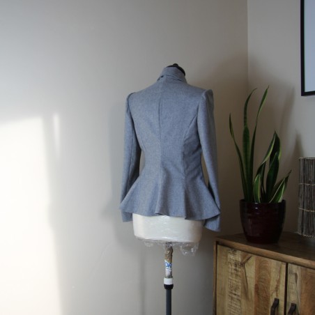 Back view of gray long shawl collar blazer for women