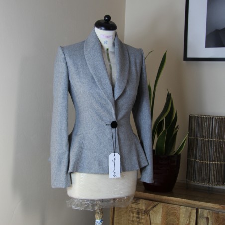 Gray woolen jacket with shawl collar, flared bottom, made to measure