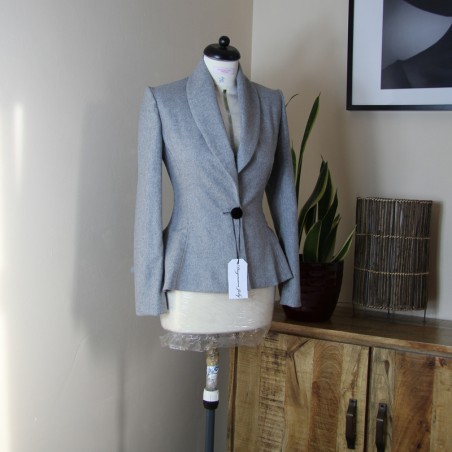 Blazer long en laine grise, col châle, fait sur mesure