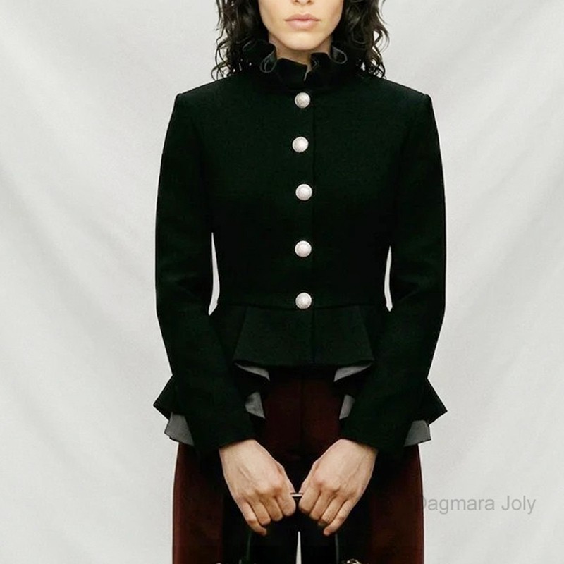 Veste péplum asymétrique noire élégante avec col plissé faite sur mesure