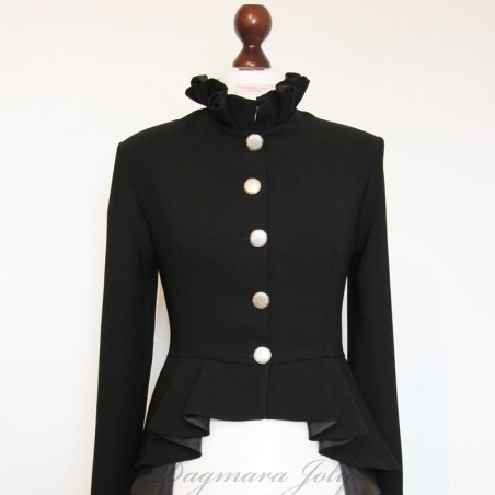 Front view of tailored black peplum jacket in crepe, made to measure