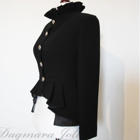 Side profile of asymmetrical peplum black blazer highlighting waist structure