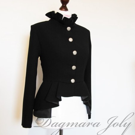 Side profile of asymmetrical peplum jacket highlighting waist structure