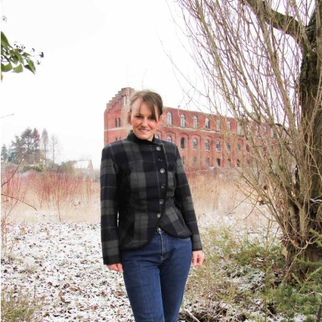 Veste en laine plaid sur mesure avec fermeture asymétrique, élégante pour le bureau ou en superposition