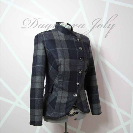 Custom plaid wool jacket, asymmetrical front, suitable as outer coat or office-ready wear.