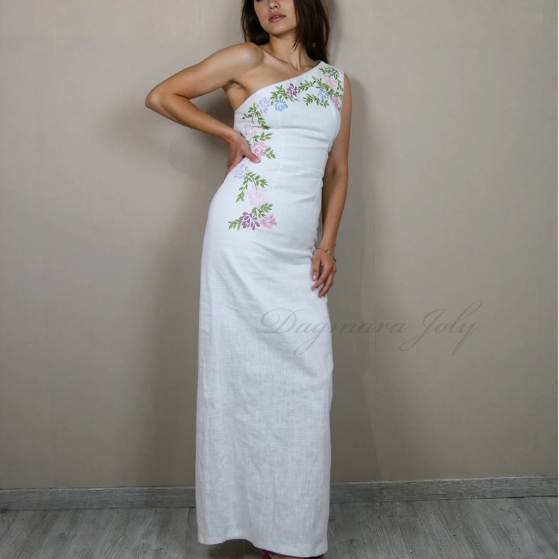 Handmade embroidered white linen gown for boho wedding