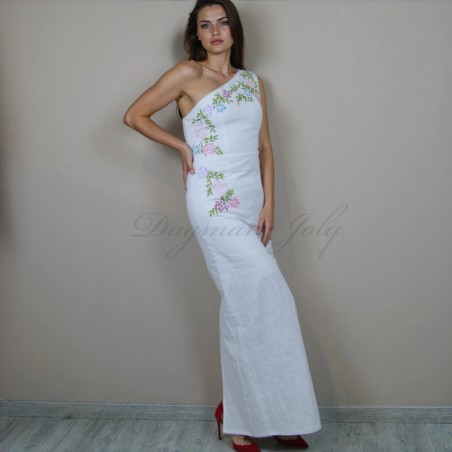 Elegant one shoulder linen dress full length view