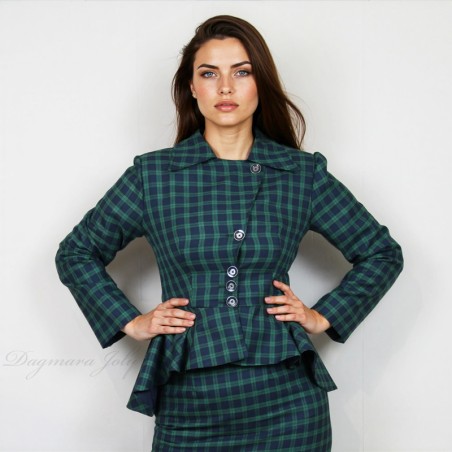 Modern tailored skirt suit with asymmetrical front and peplum silhouette
