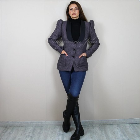 Handmade violet long blazer with shawl collar and puff sleeves on a model