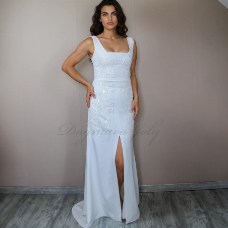 Full front view of wedding dress with short back train, front slit and square neckline