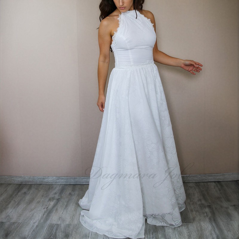 Modest A-line fluide bridal gown with halter neck and train