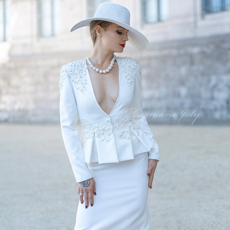 full view of bespoke wedding peplum skirt suit with tailored jacket and pencil skirt, hand-embellished with pearls and crystals