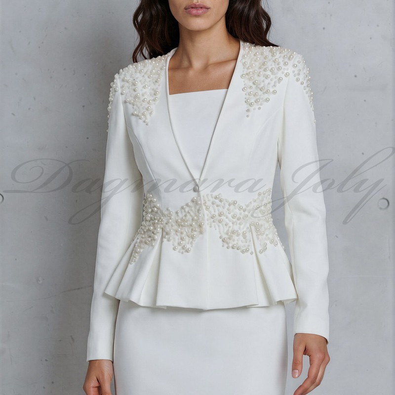 front view of made-to-measure wedding peplum skirt suit with hand-embellished pearls and crystals