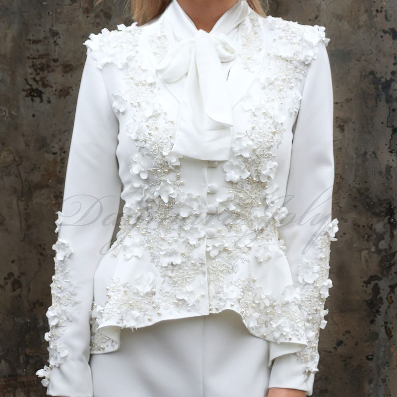 Hand Embellished Bridal Pantsuit - Asymmetrical Peplum Jacket, Civil Wedding Ensemble Pants suit