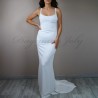 Front view of minimalist crepe wedding dress with straight cut and elegant train