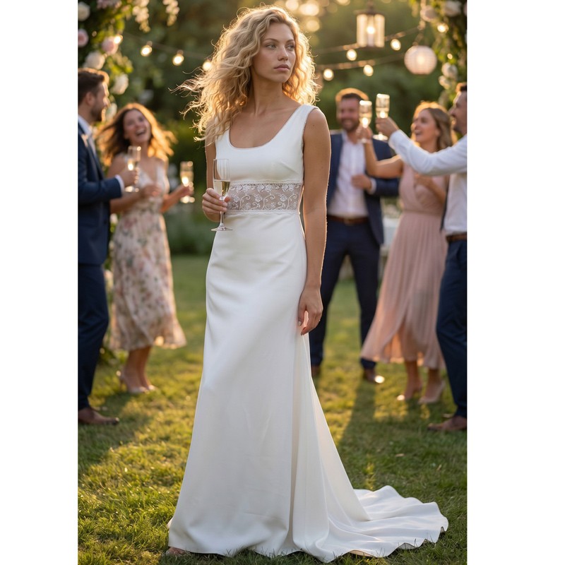 Gros plan sur la robe de mariée fourreau longue et minimaliste en crêpe avec traine