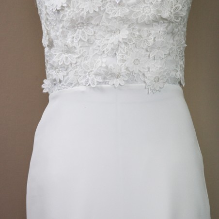 Close-up of a fabric on modest wedding dress