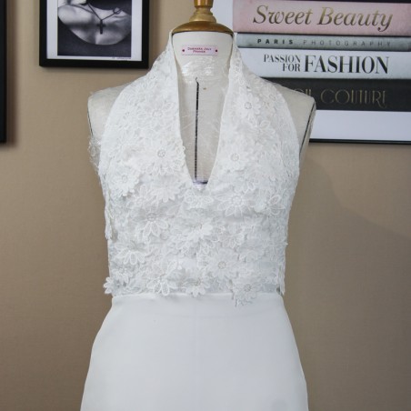 Close-up of v neck of this halter modest wedding dress