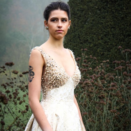 A-line wedding dress with V-neckline, Front Slit and Cathedral train - Sleeveless Bridal Gown