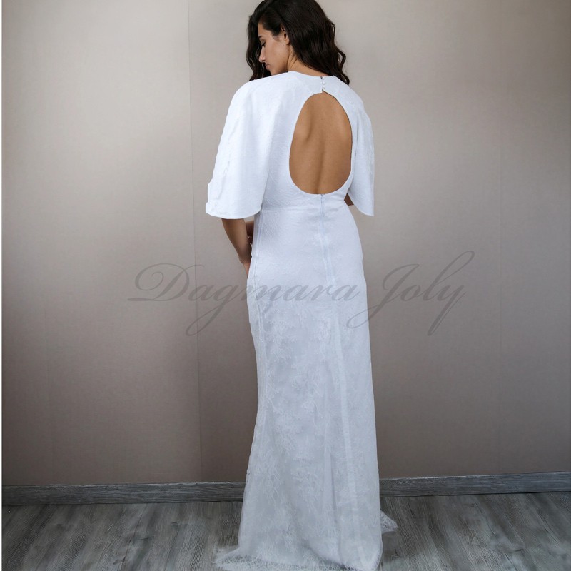 Robe de Mariée en Dentelle de Chantilly - Dos Nu et Manches Cape Papillon
