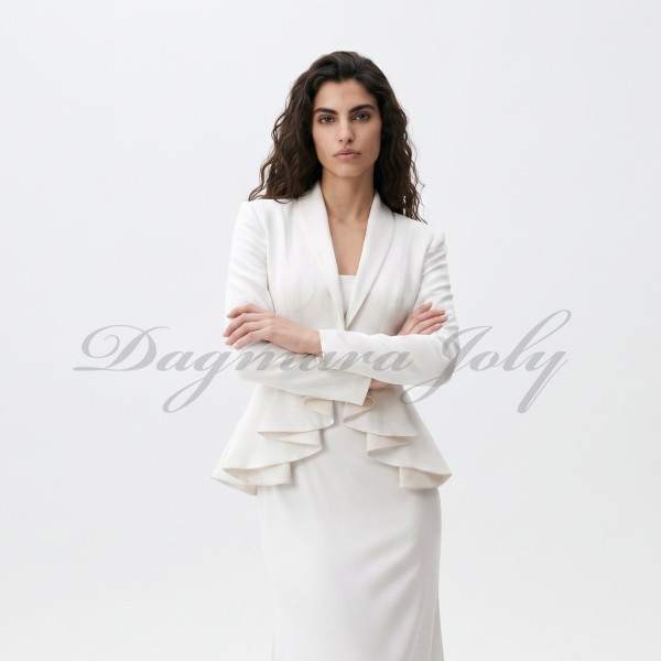 Tenue de mariée sophistiquée blanche avec blazer structuré à basque et jupe longue